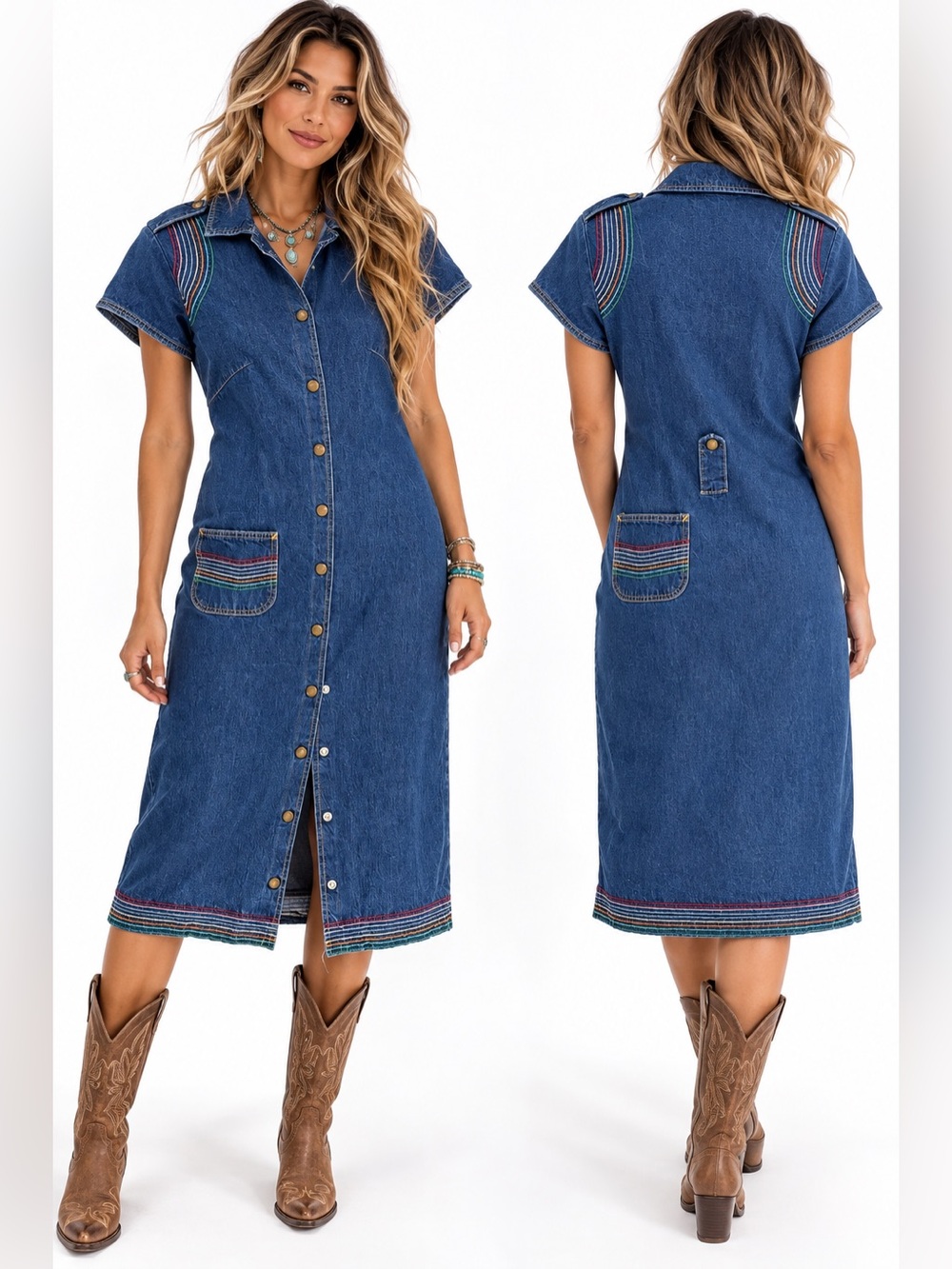 Vintage Lee Denim Maxi Dress Rainbow Stitch Snap Front Size 5/6 70s Western Boho